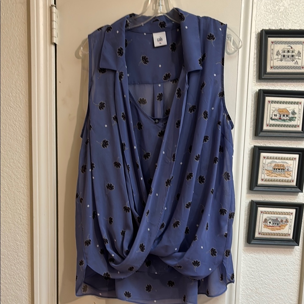 CAbi Blue Sleeveless Wrap Blouse